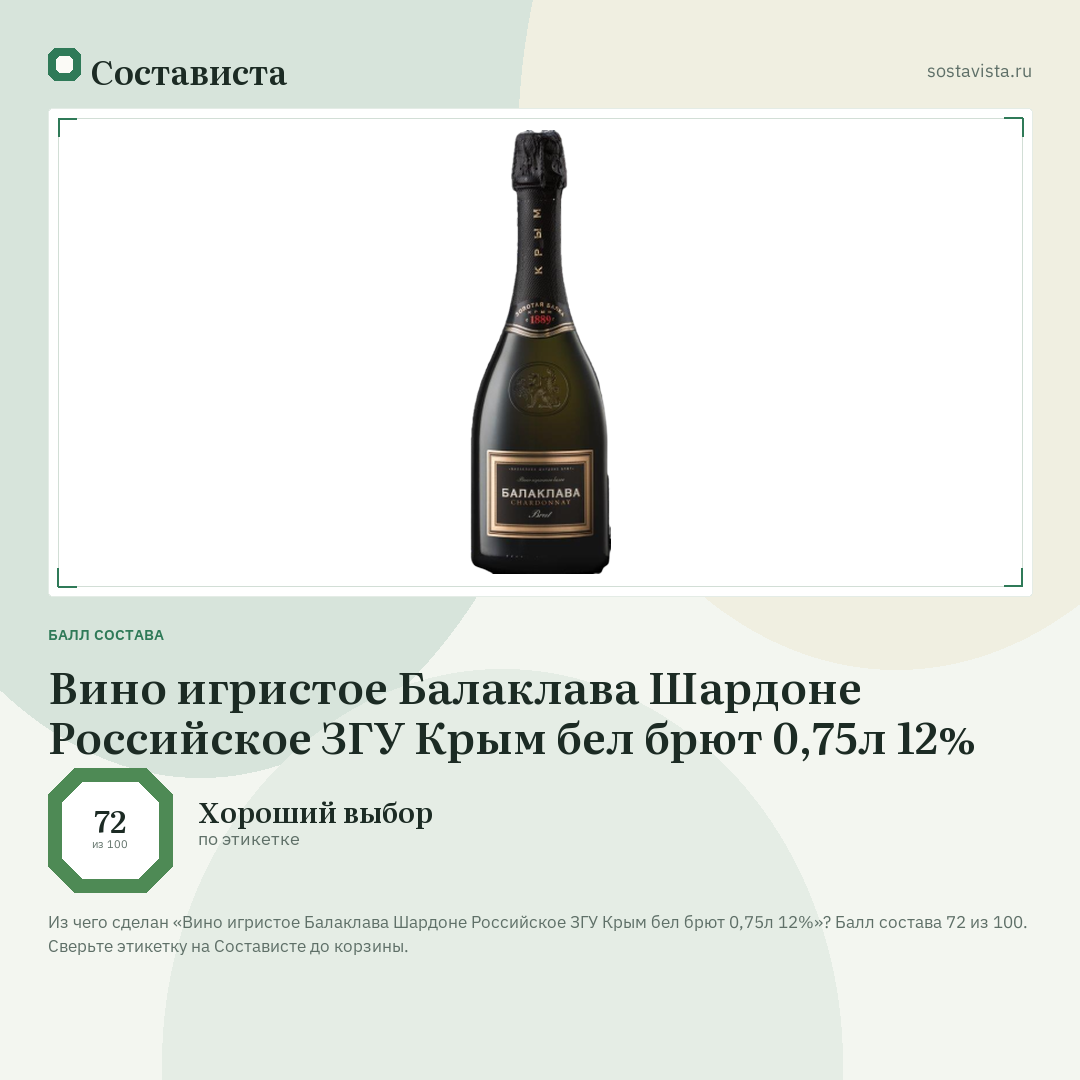 Вино игристое Балаклава Шардоне Российское ЗГУ Крым бел брют 0,75л 12%: балл состава 72 из 100 — Состависта