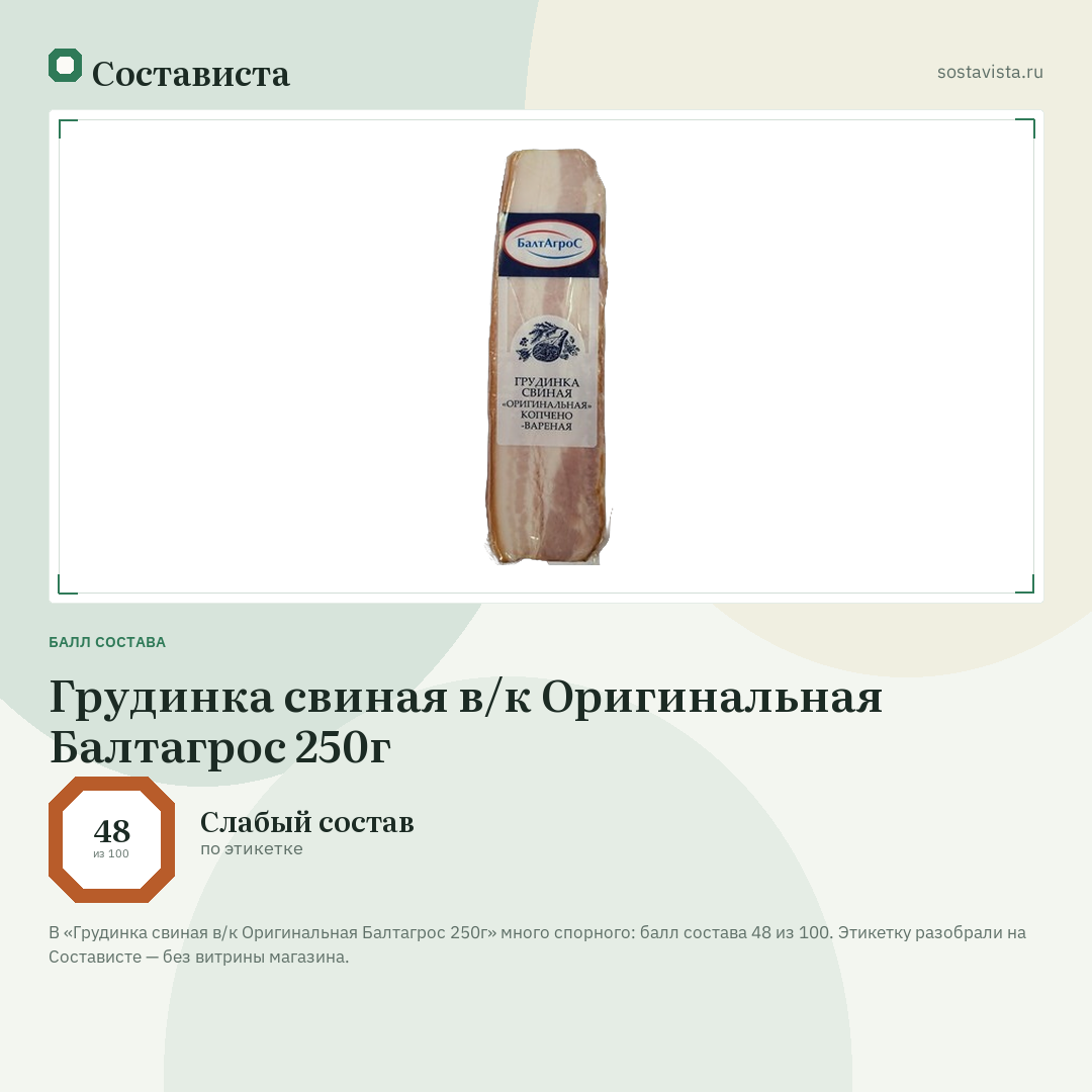 Грудинка свиная в/к Оригинальная Балтагрос 250г: балл состава 48 из 100 — Состависта
