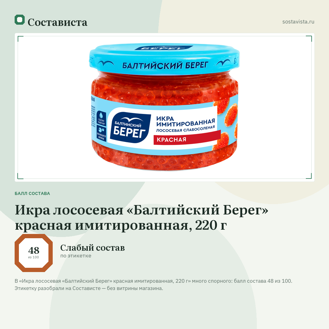 Икра лососевая «Балтийский Берег» красная имитированная, 220 г: балл состава 48 из 100 — Состависта