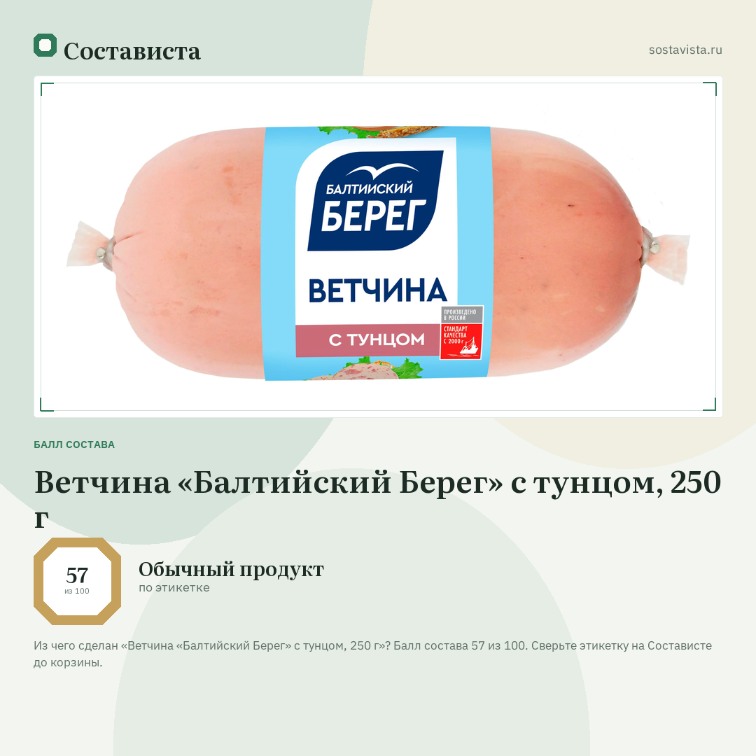 Ветчина «Балтийский Берег» с тунцом, 250 г: балл состава 57 из 100 — Состависта