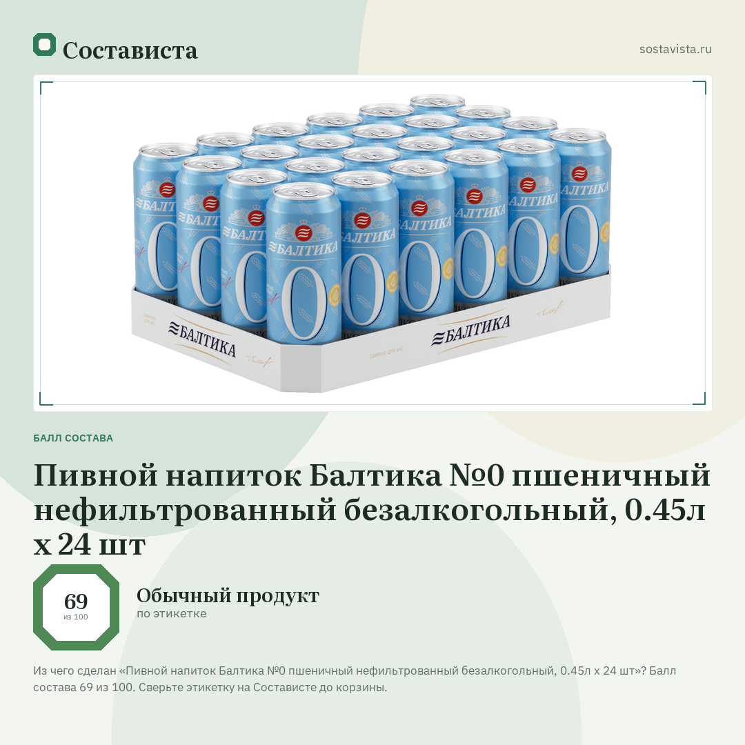 Пивной напиток Балтика №0 пшеничный нефильтрованный безалкогольный, 0.45л x 24 шт: балл состава 69 из 100 — Состависта