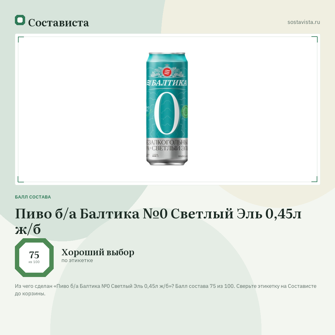 Пиво б/а Балтика №0 Светлый Эль 0,45л ж/б: балл состава 75 из 100 — Состависта