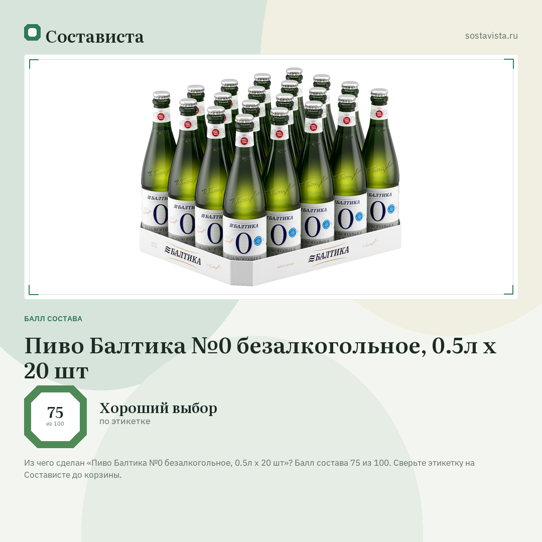 Пиво Балтика №0 безалкогольное, 0.5л x 20 шт: балл состава 75 из 100 — Состависта