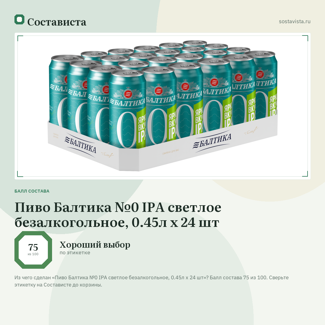 Пиво Балтика №0 IPA светлое безалкогольное, 0.45л х 24 шт: балл состава 75 из 100 — Состависта