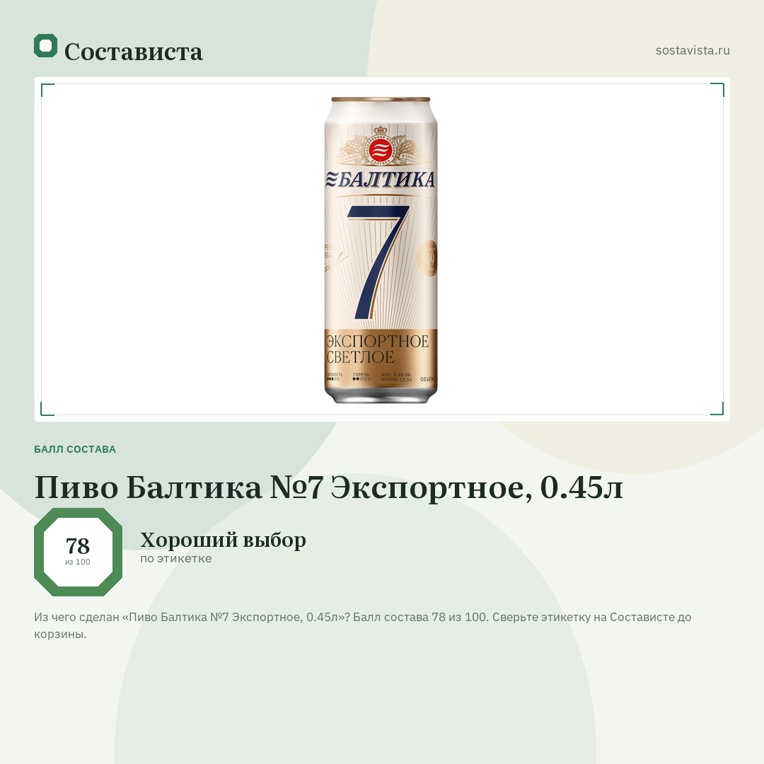 Пиво Балтика №7 Экспортное, 0.45л: балл состава 78 из 100 — Состависта