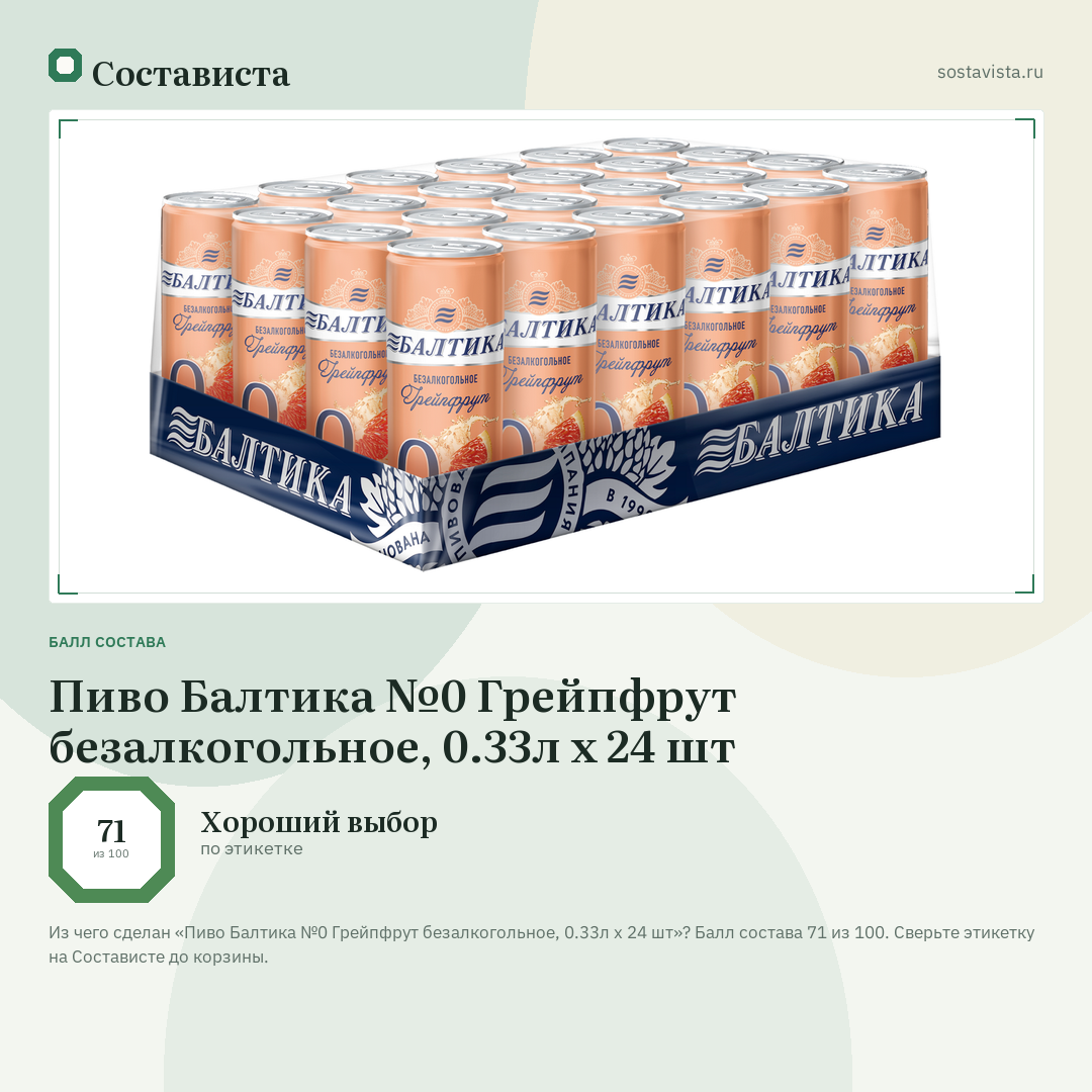 Пиво Балтика №0 Грейпфрут безалкогольное, 0.33л x 24 шт: балл состава 71 из 100 — Состависта
