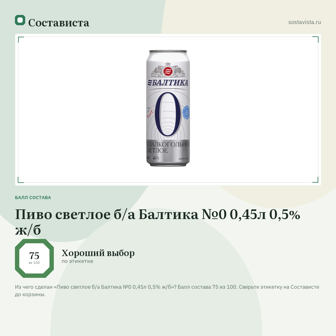 Пиво светлое б/а Балтика №0 0,45л 0,5% ж/б: балл состава 75 из 100 — Состависта