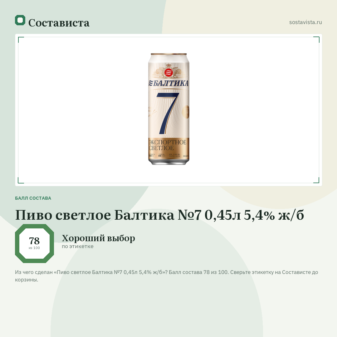 Пиво светлое Балтика №7 0,45л 5,4% ж/б: балл состава 78 из 100 — Состависта