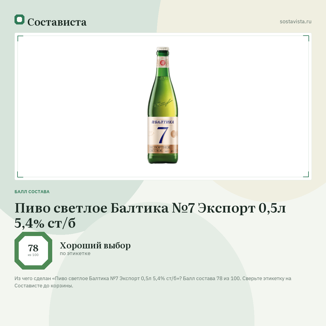 Пиво светлое Балтика №7 Экспорт 0,5л 5,4% ст/б: балл состава 78 из 100 — Состависта