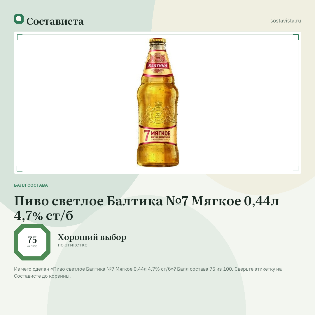 Пиво светлое Балтика №7 Мягкое 0,44л 4,7% ст/б: балл состава 75 из 100 — Состависта