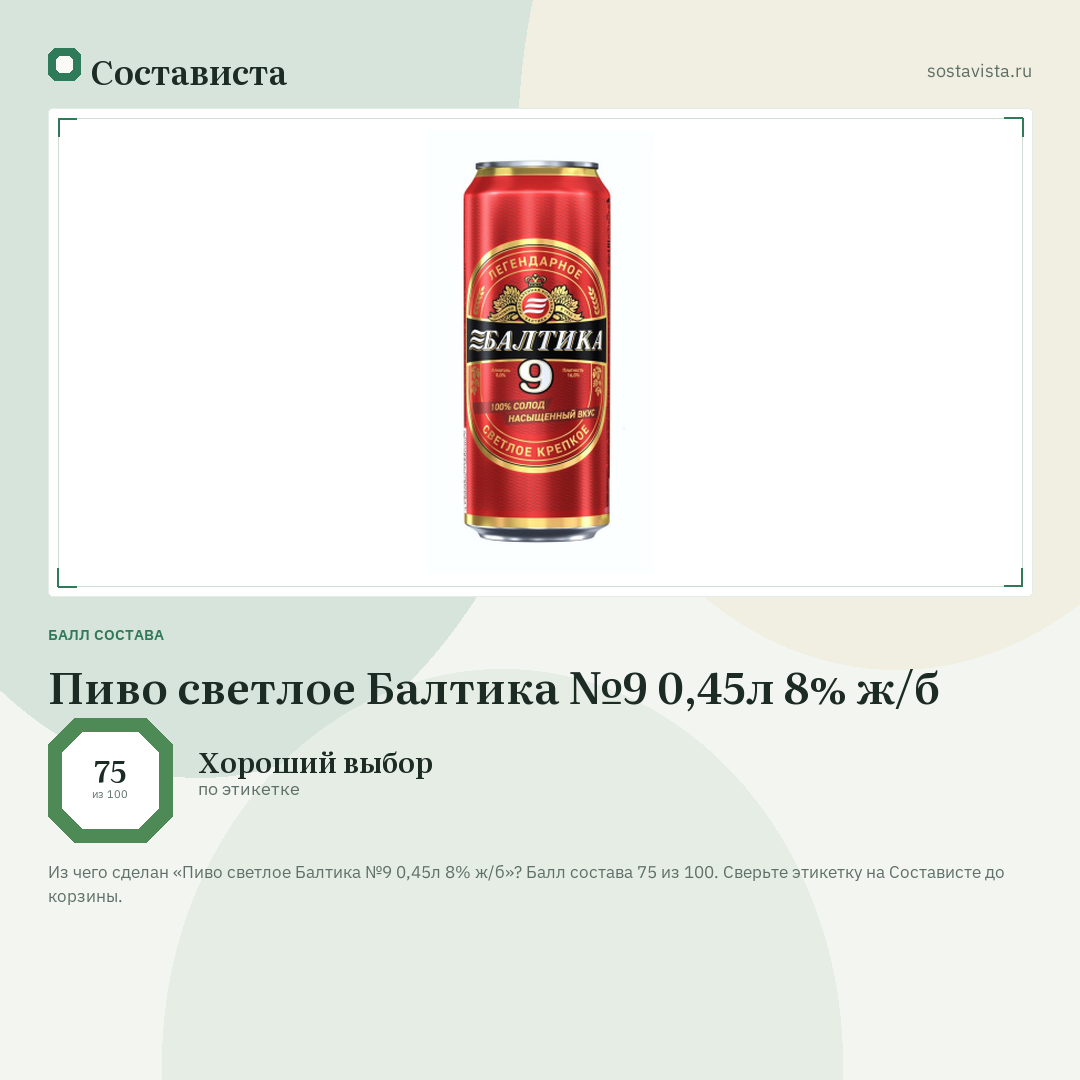 Пиво светлое Балтика №9 0,45л 8% ж/б: балл состава 75 из 100 — Состависта