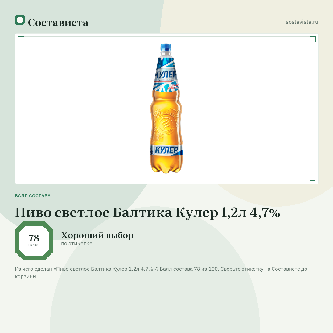 Пиво светлое Балтика Кулер 1,2л 4,7%: балл состава 78 из 100 — Состависта