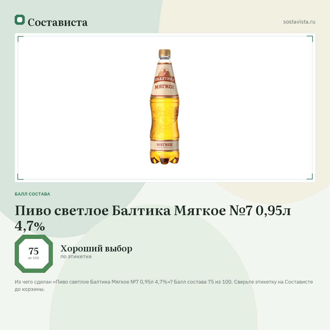 Пиво светлое Балтика Мягкое №7 0,95л 4,7%: балл состава 75 из 100 — Состависта