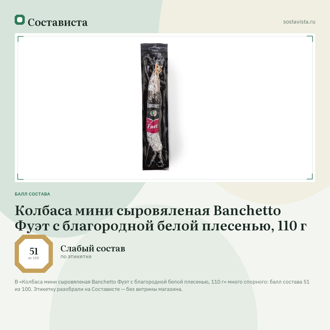 Колбаса мини сыровяленая Banchetto Фуэт с благородной белой плесенью, 110 г: балл состава 51 из 100 — Состависта