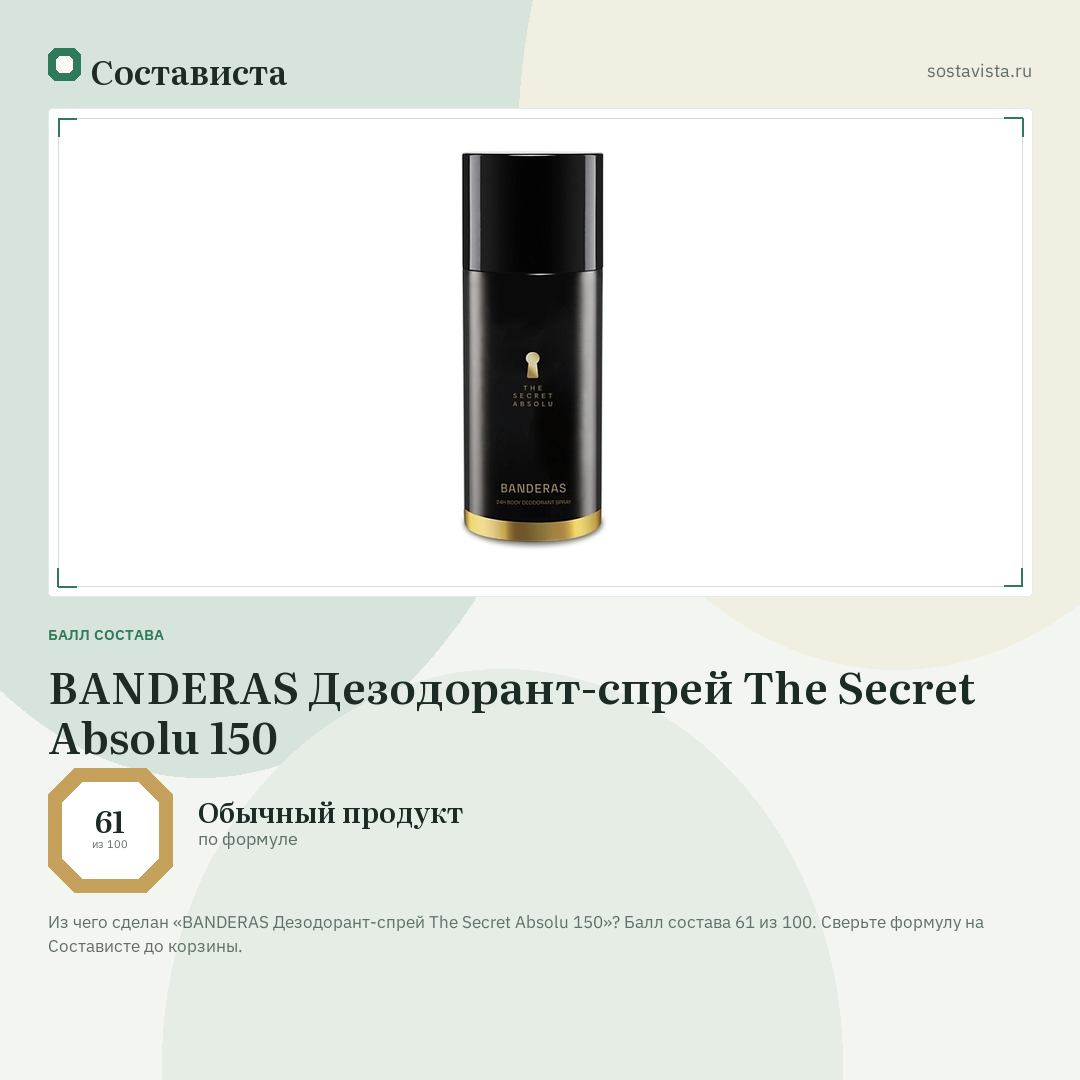 BANDERAS Дезодорант-спрей The Secret Absolu 150: балл состава 61 из 100 — Состависта