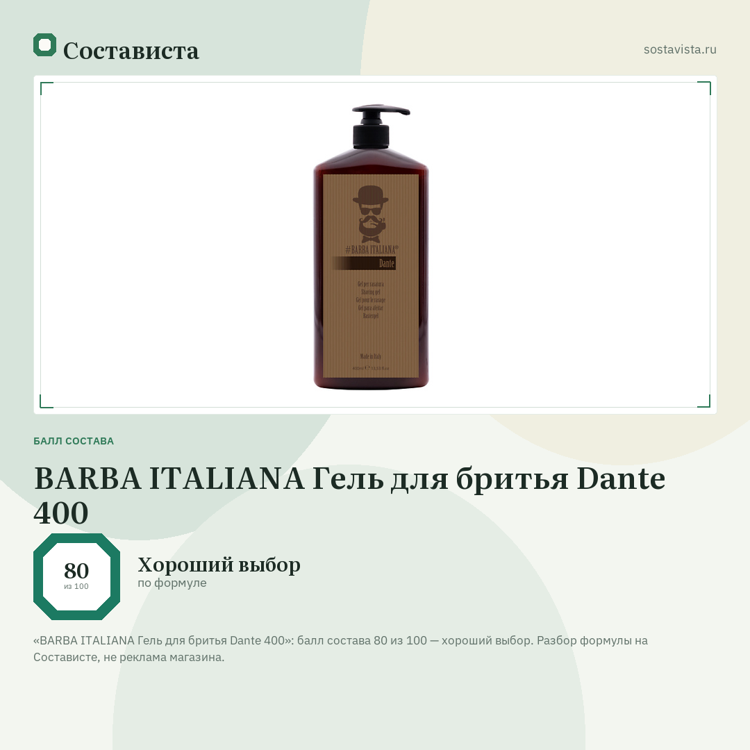 BARBA ITALIANA Гель для бритья Dante 400: балл состава 80 из 100 — Состависта