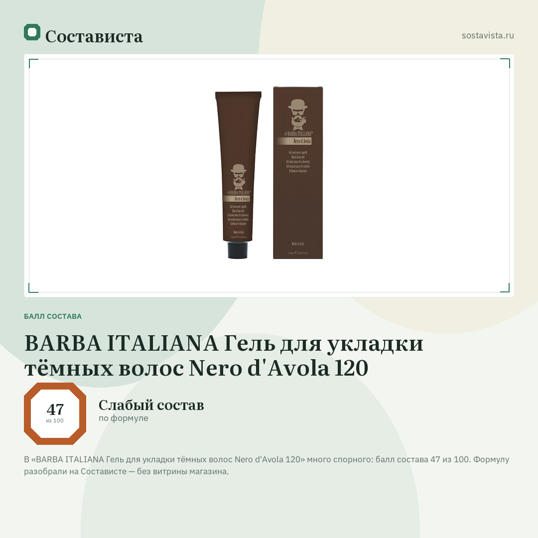 BARBA ITALIANA Гель для укладки тёмных волос Nero d'Avola 120: балл состава 47 из 100 — Состависта