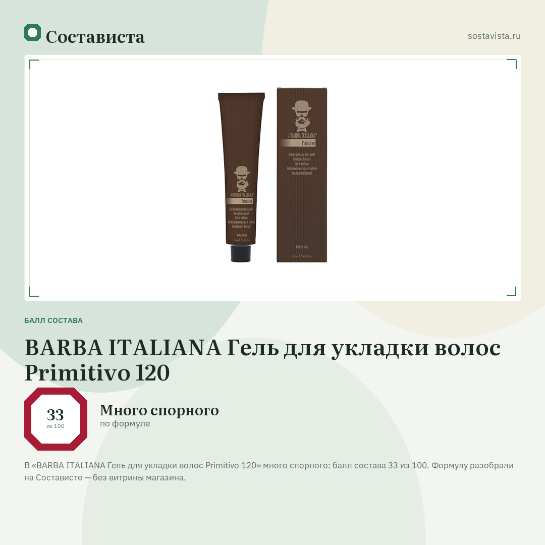 BARBA ITALIANA Гель для укладки волос Primitivo 120: балл состава 33 из 100 — Состависта