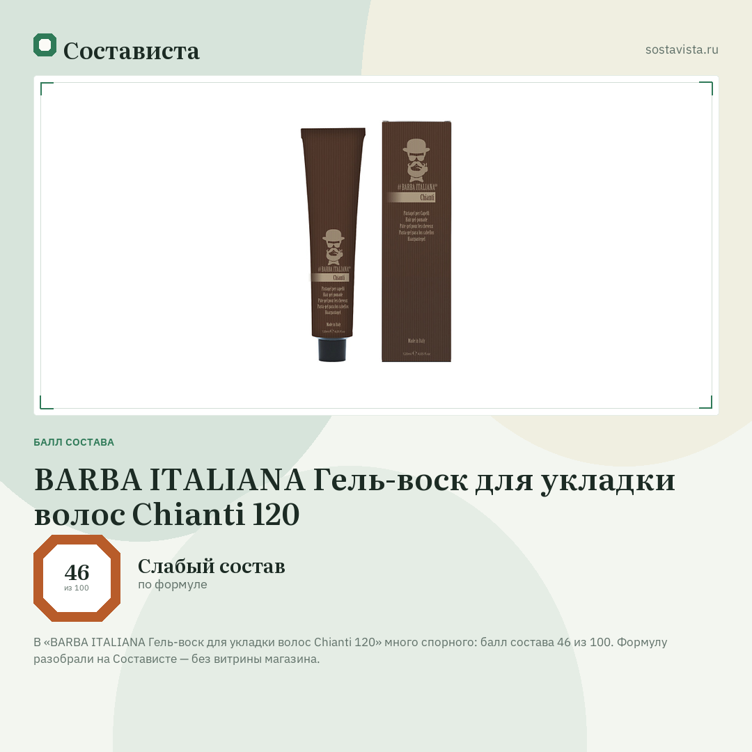 BARBA ITALIANA Гель-воск для укладки волос Chianti 120: балл состава 46 из 100 — Состависта