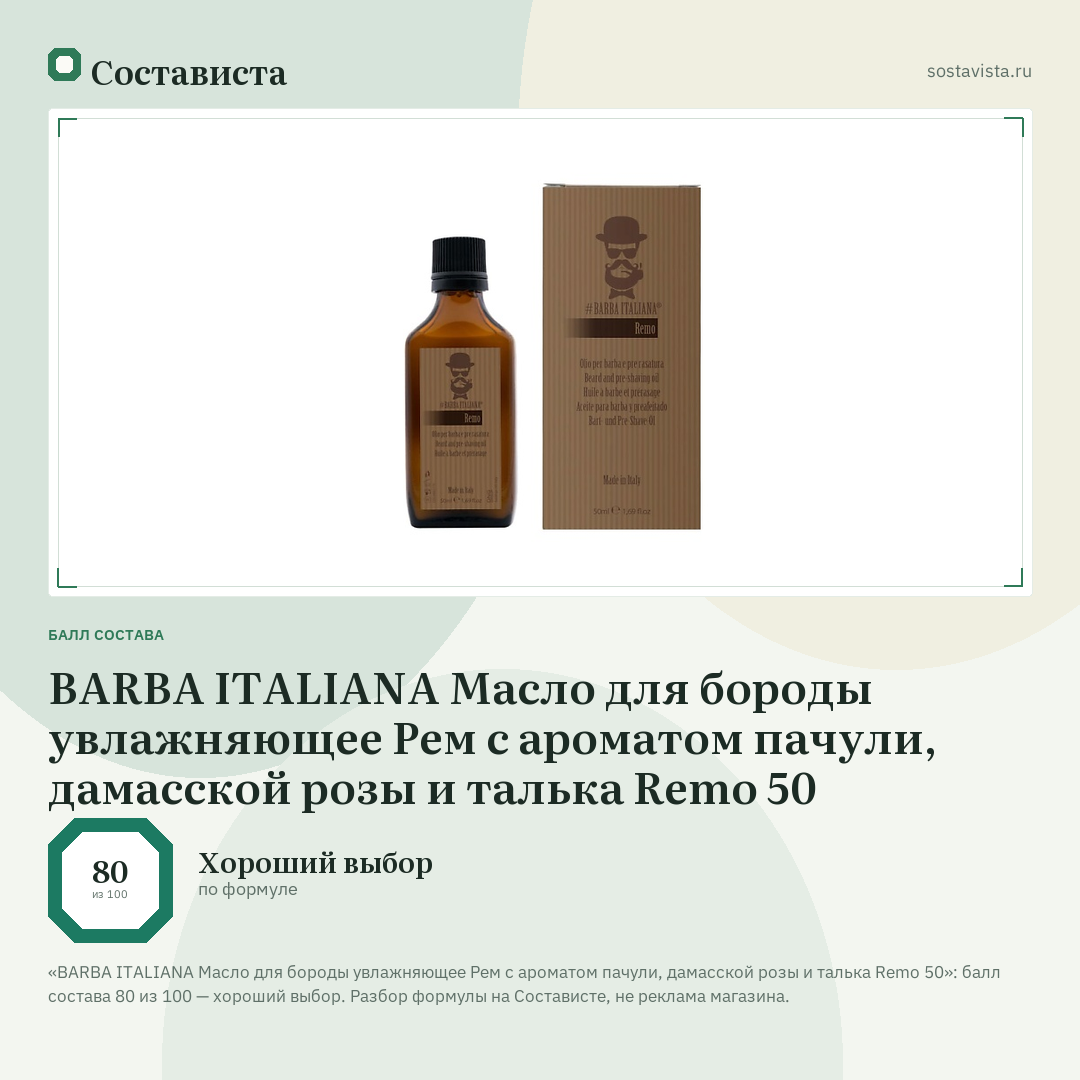 BARBA ITALIANA Масло для бороды увлажняющее Рем с ароматом пачули, дамасской розы и талька Remo 50: балл состава 80 из 100 — Состависта