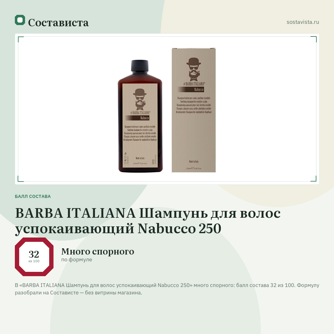 BARBA ITALIANA Шампунь для волос успокаивающий Nabucco 250: балл состава 32 из 100 — Состависта