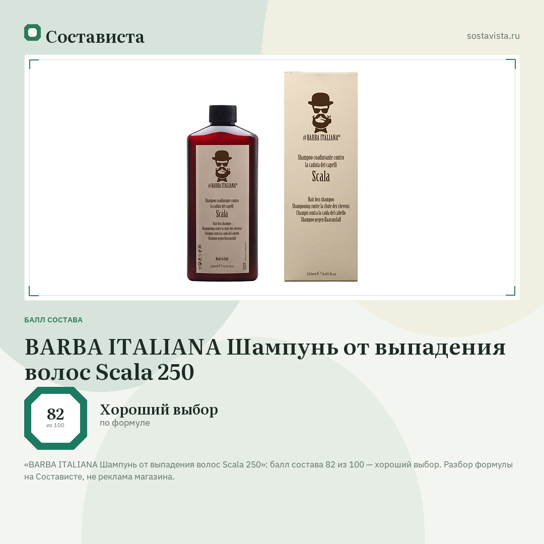 BARBA ITALIANA Шампунь от выпадения волос Scala 250: балл состава 82 из 100 — Состависта