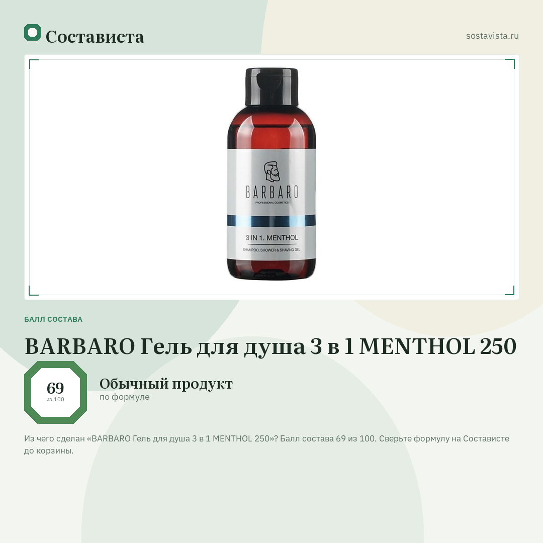 BARBARO Гель для душа 3 в 1 MENTHOL 250: балл состава 69 из 100 — Состависта