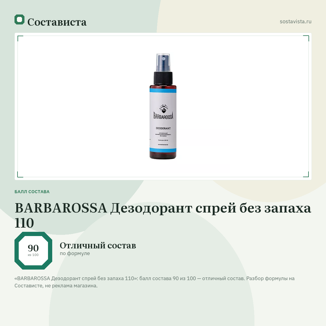 BARBAROSSA Дезодорант спрей без запаха 110: балл состава 90 из 100 — Состависта