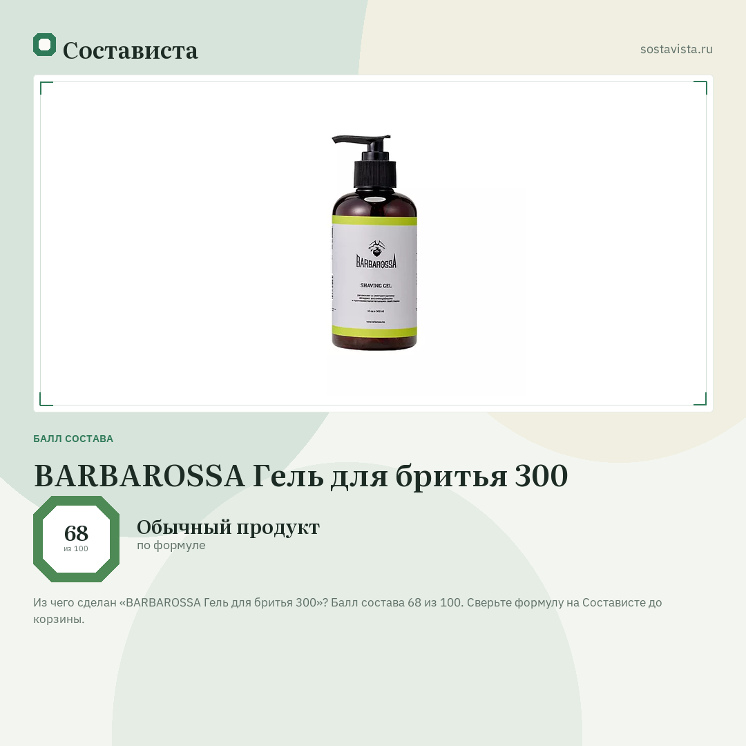 BARBAROSSA Гель для бритья 300: балл состава 68 из 100 — Состависта