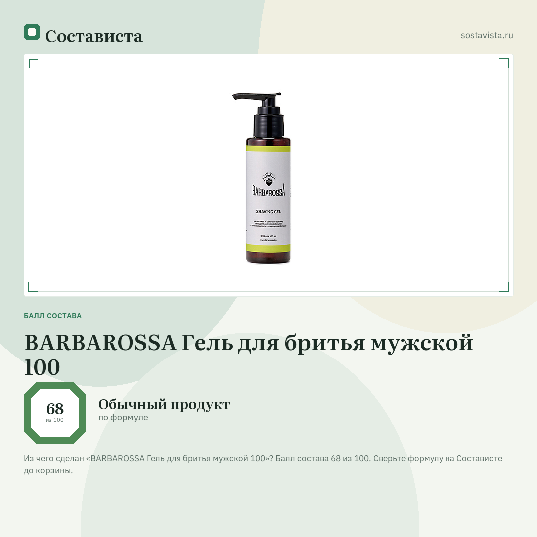 BARBAROSSA Гель для бритья мужской 100: балл состава 68 из 100 — Состависта