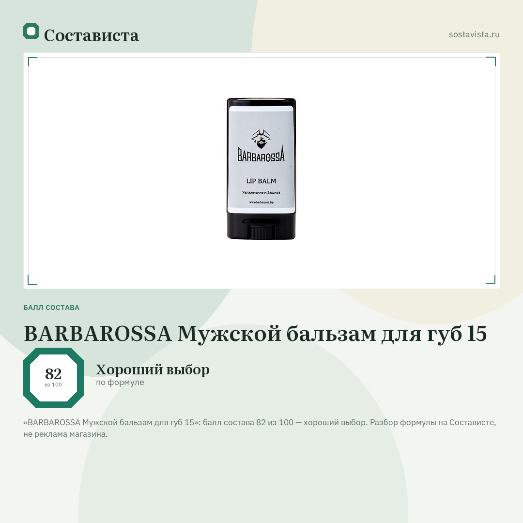BARBAROSSA Мужской бальзам для губ 15: балл состава 82 из 100 — Состависта