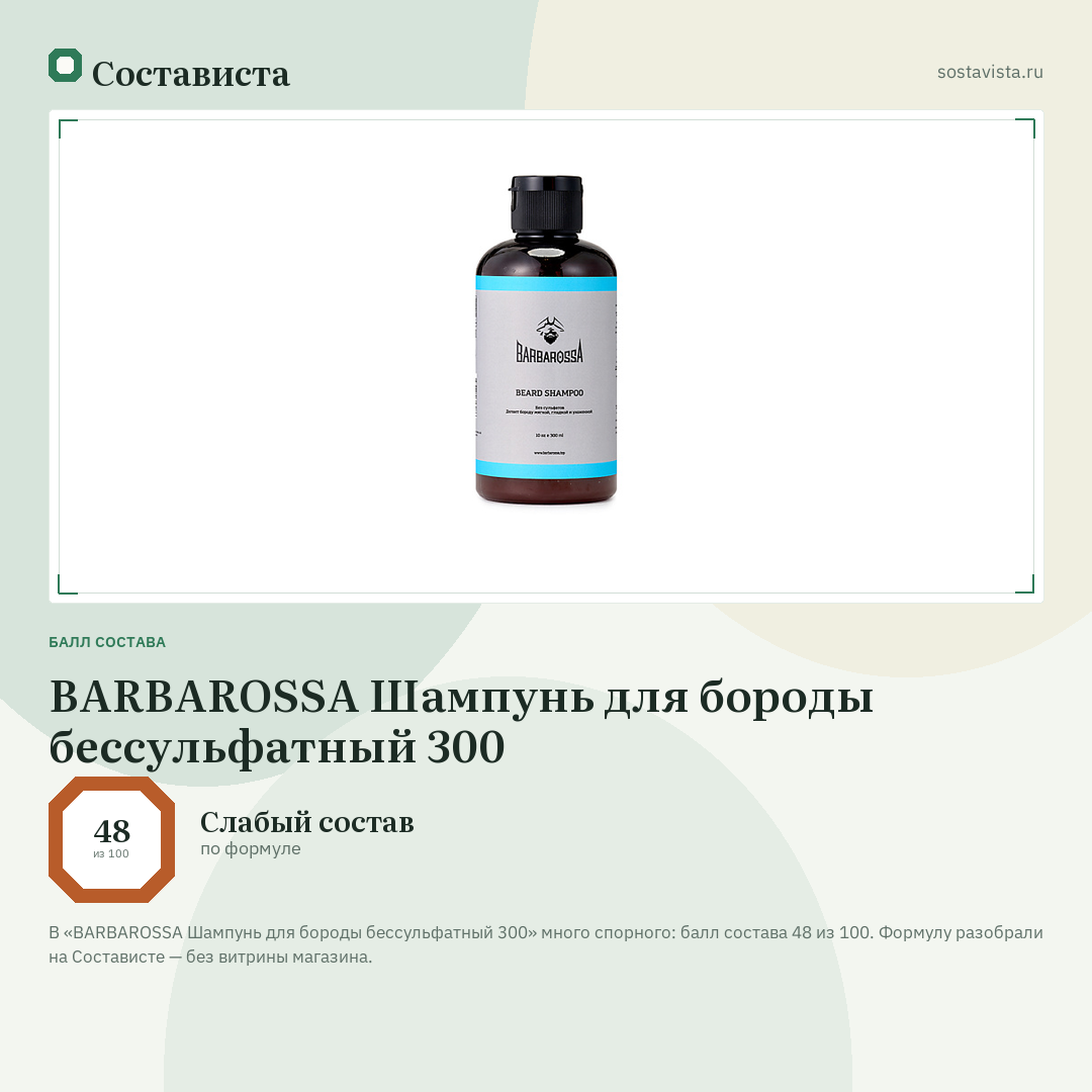 BARBAROSSA Шампунь для бороды бессульфатный 300: балл состава 48 из 100 — Состависта