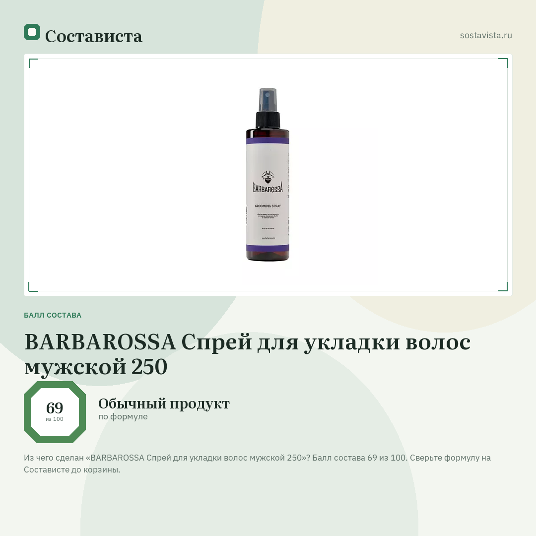 BARBAROSSA Спрей для укладки волос мужской 250: балл состава 69 из 100 — Состависта