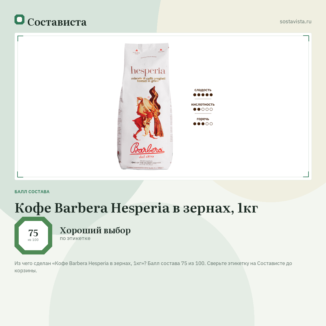 Кофе Barbera Hesperia в зернах, 1кг: балл состава 75 из 100 — Состависта