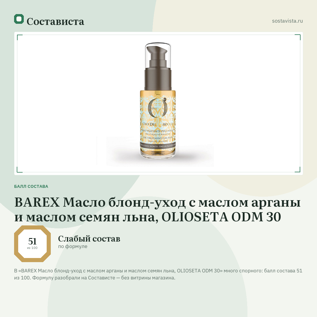 BAREX Масло блонд-уход с маслом арганы и маслом семян льна, OLIOSETA ODM 30: балл состава 51 из 100 — Состависта