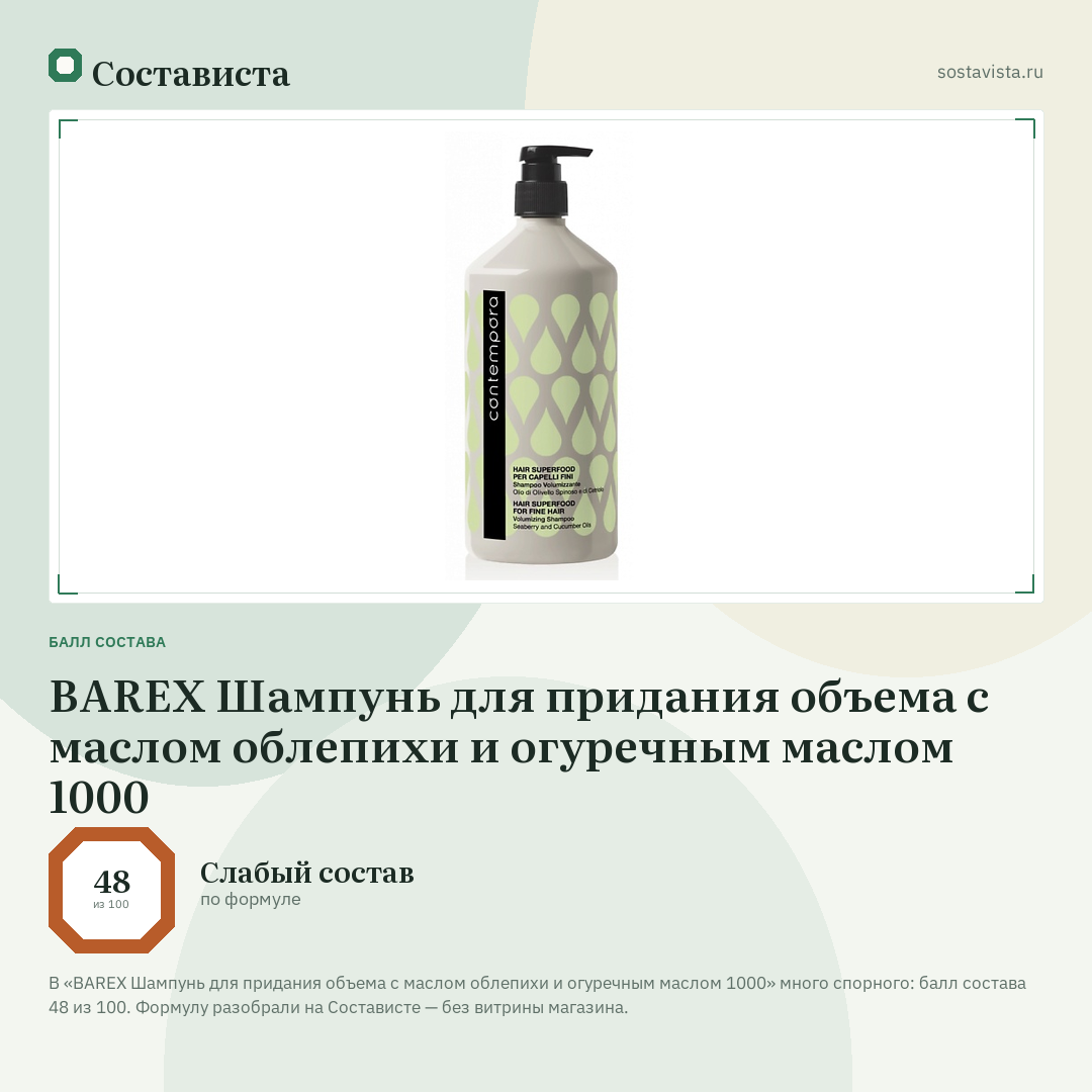 BAREX Шампунь для придания объема с маслом облепихи и огуречным маслом 1000: балл состава 48 из 100 — Состависта