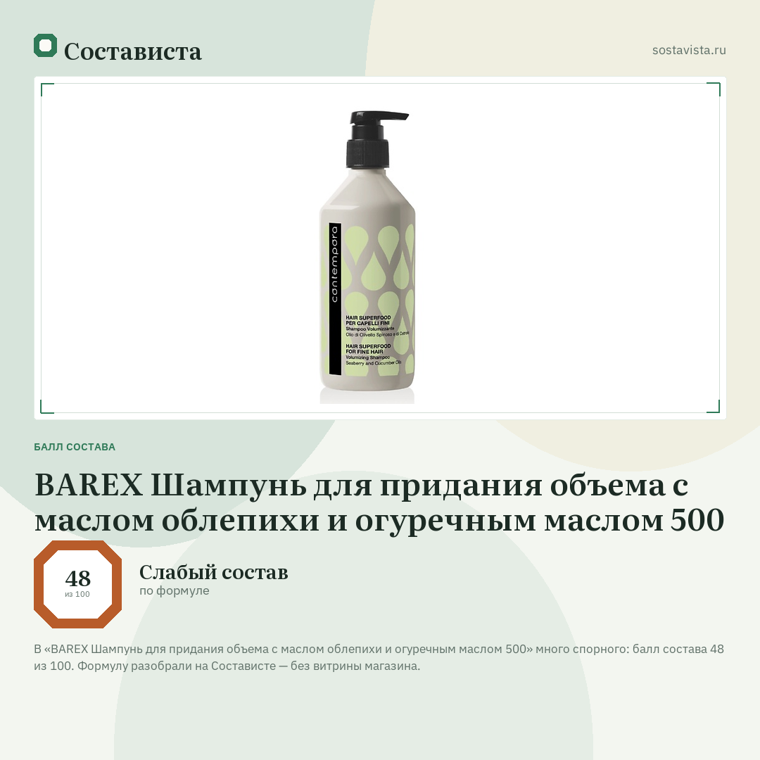 BAREX Шампунь для придания объема с маслом облепихи и огуречным маслом 500: балл состава 48 из 100 — Состависта