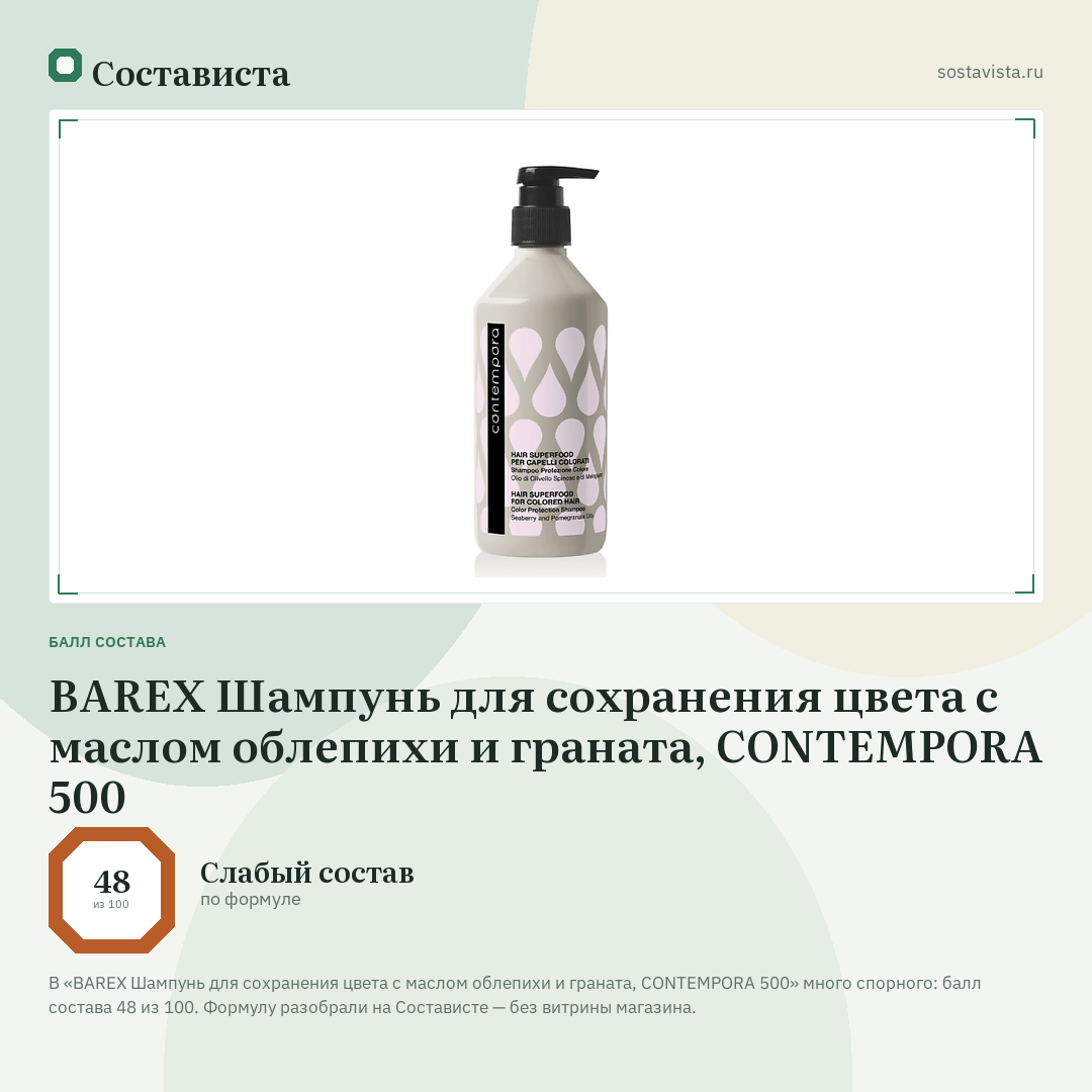 BAREX Шампунь для сохранения цвета с маслом облепихи и граната, CONTEMPORA 500: балл состава 48 из 100 — Состависта