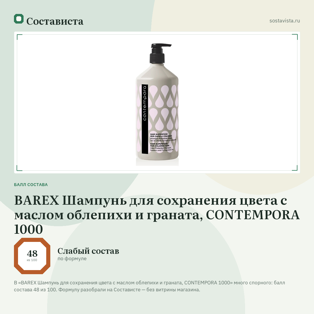 BAREX Шампунь для сохранения цвета с маслом облепихи и граната, CONTEMPORA 1000: балл состава 48 из 100 — Состависта