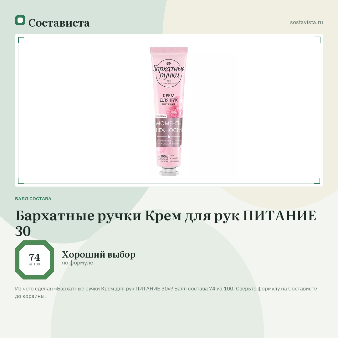 Бархатные ручки Крем для рук ПИТАНИЕ 30: балл состава 74 из 100 — Состависта