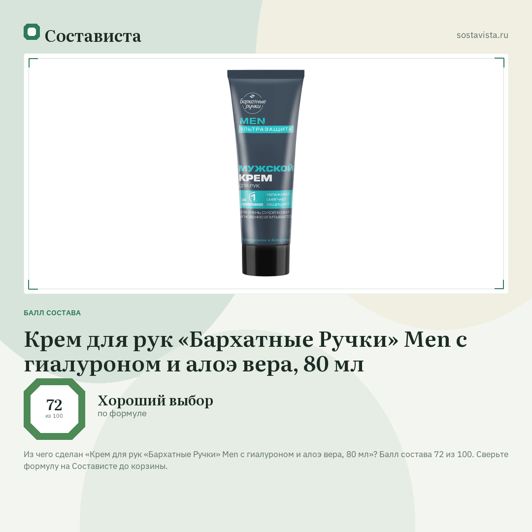 Крем для рук «Бархатные Ручки» Men с гиалуроном и алоэ вера, 80 мл: балл состава 72 из 100 — Состависта