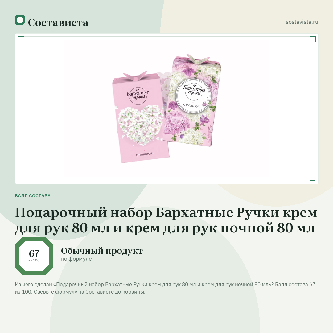 Подарочный набор Бархатные Ручки крем для рук 80 мл и крем для рук ночной 80 мл: балл состава 67 из 100 — Состависта
