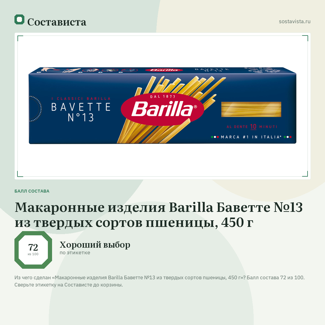 Макаронные изделия Barilla Баветте №13 из твердых сортов пшеницы, 450 г: балл состава 72 из 100 — Состависта