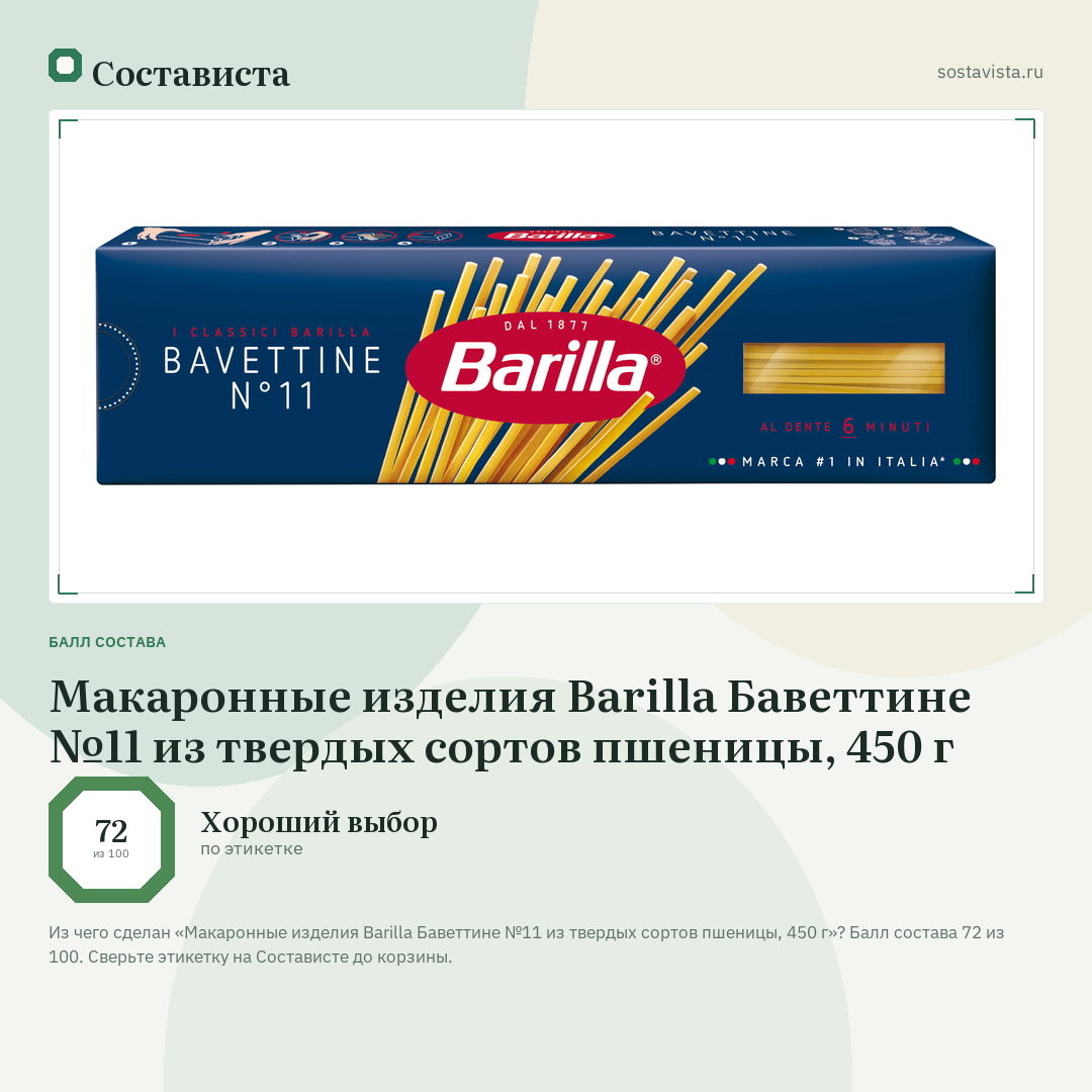 Макаронные изделия Barilla Баветтине №11 из твердых сортов пшеницы, 450 г: балл состава 72 из 100 — Состависта