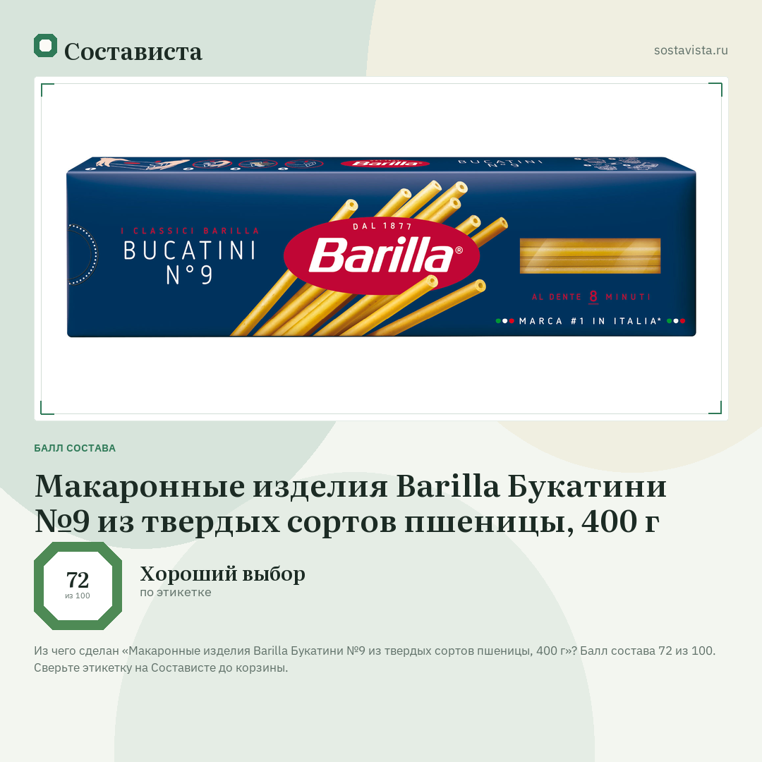 Макаронные изделия Barilla Букатини №9 из твердых сортов пшеницы, 400 г: балл состава 72 из 100 — Состависта