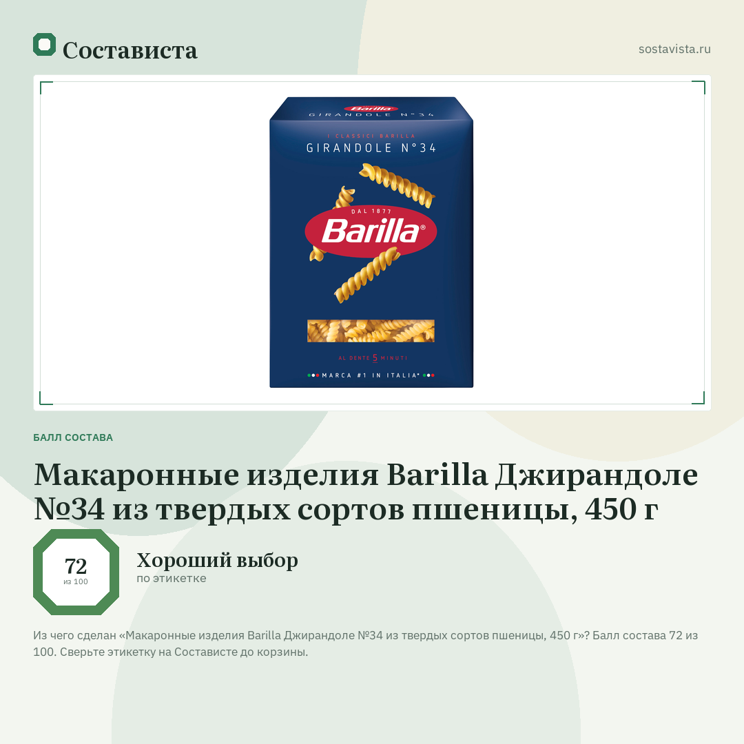 Макаронные изделия Barilla Джирандоле №34 из твердых сортов пшеницы, 450 г: балл состава 72 из 100 — Состависта