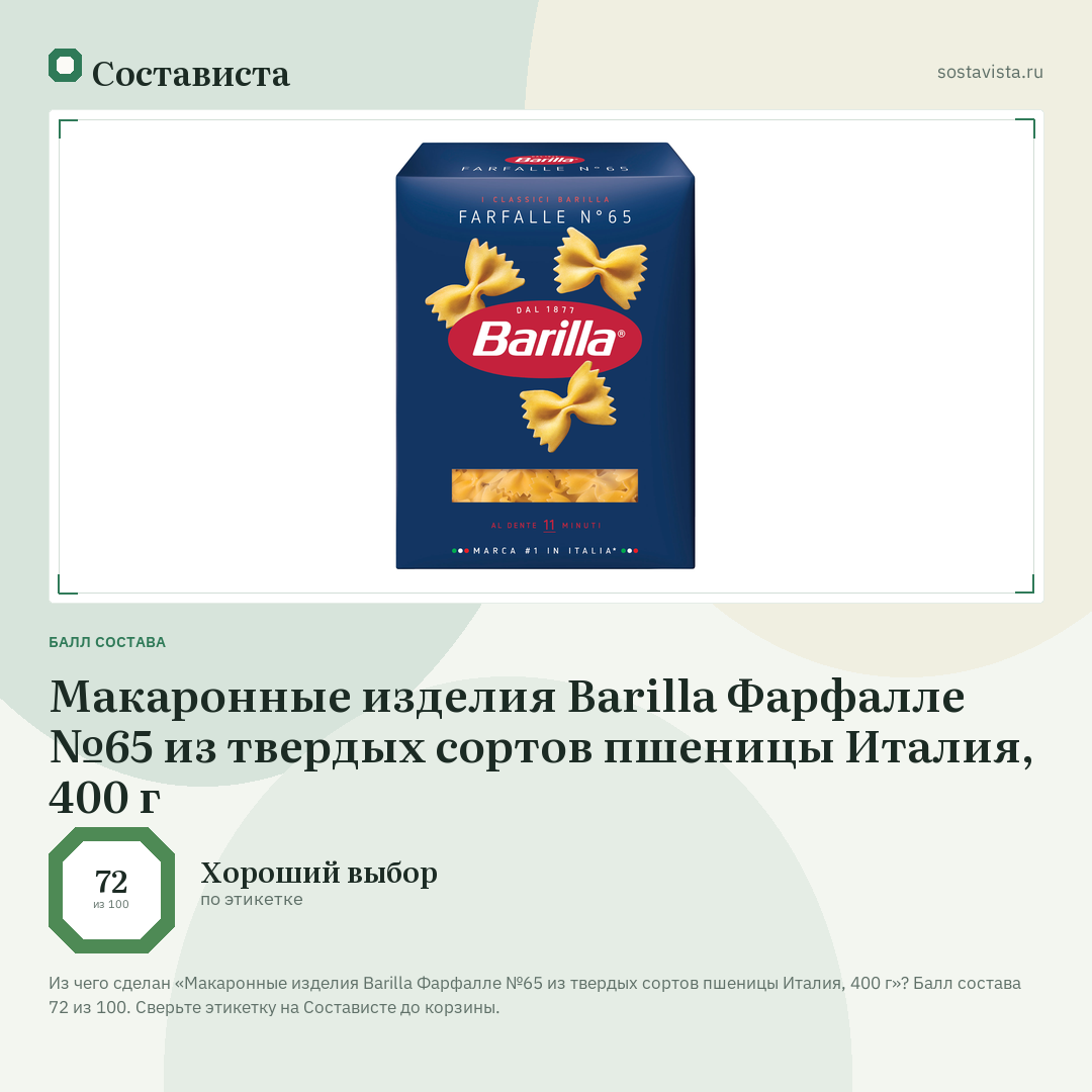 Макаронные изделия Barilla Фарфалле №65 из твердых сортов пшеницы Италия, 400 г: балл состава 72 из 100 — Состависта