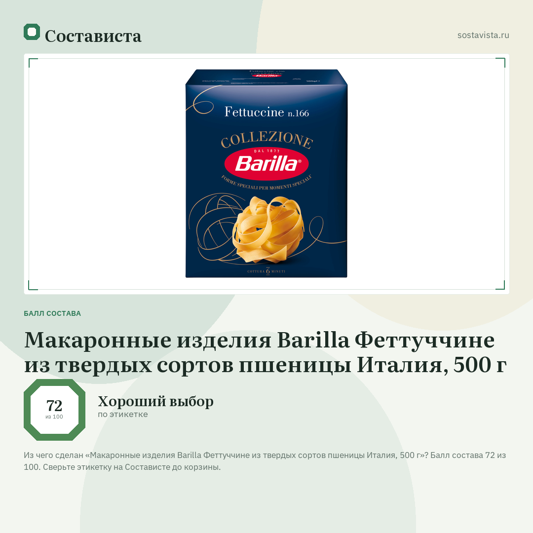 Макаронные изделия Barilla Феттуччине из твердых сортов пшеницы Италия, 500 г: балл состава 72 из 100 — Состависта
