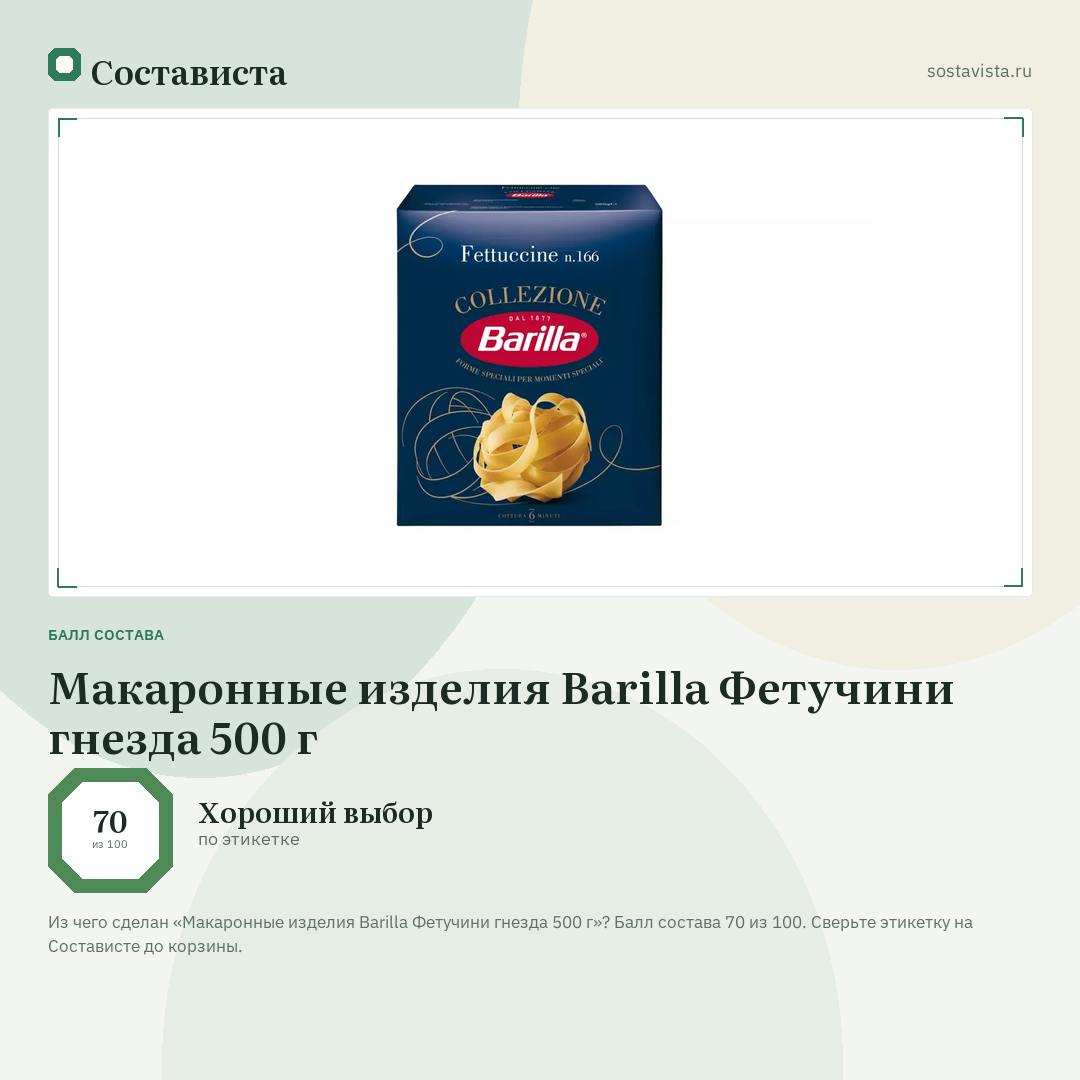 Макаронные изделия Barilla Фетучини гнезда 500 г: балл состава 70 из 100 — Состависта
