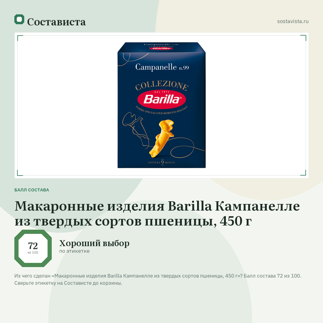 Макаронные изделия Barilla Кампанелле из твердых сортов пшеницы, 450 г: балл состава 72 из 100 — Состависта